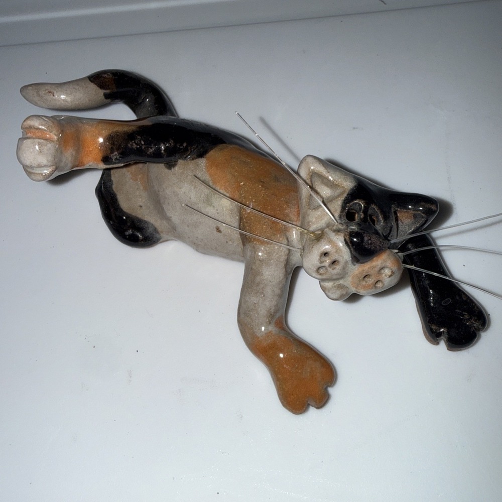 Studio Art Pottery Calico Cat Figurine Abstract Whimsy Nancy Fairbanks Signed 6"